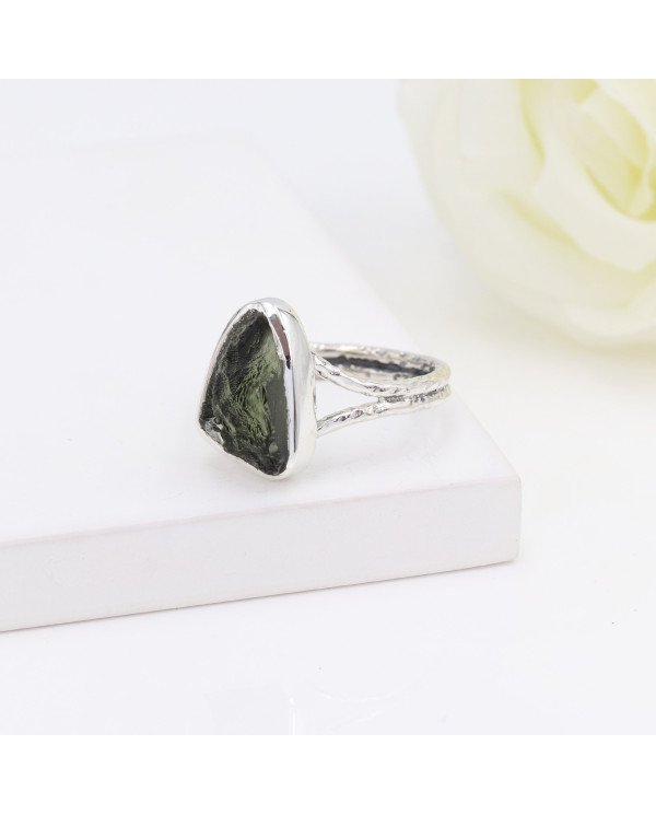 Natural Moldavite Gemstone Sterling Silver Ring
