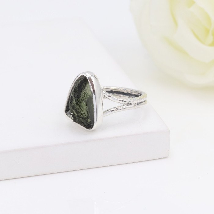 Natural Moldavite Gemstone Sterling Silver Ring