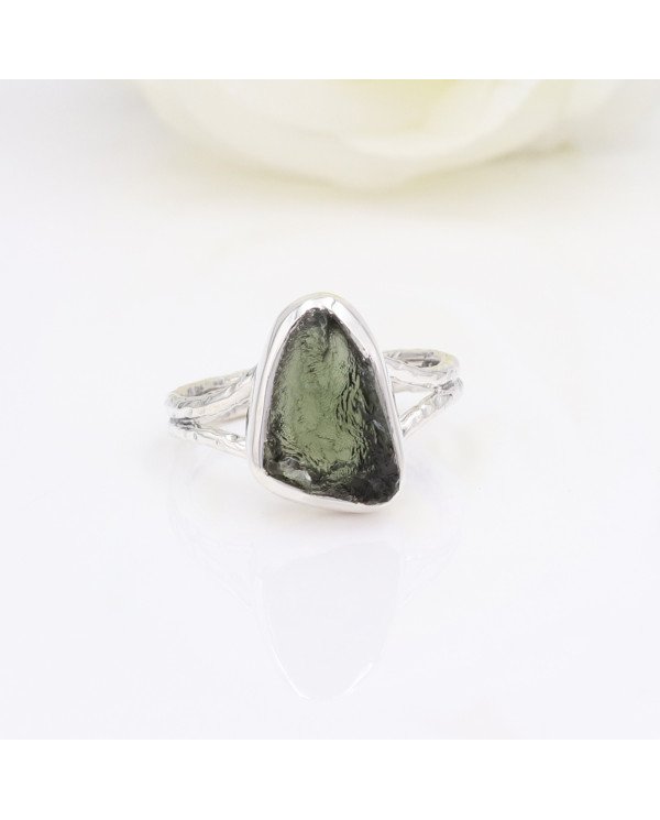 Natural Moldavite Gemstone Sterling Silver Ring