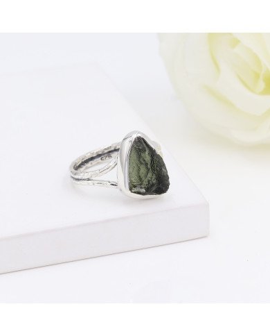 Natural Moldavite Gemstone Sterling Silver Ring