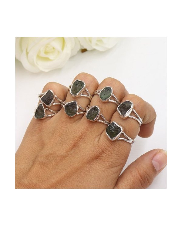 Natural Moldavite Gemstone Sterling Silver Ring