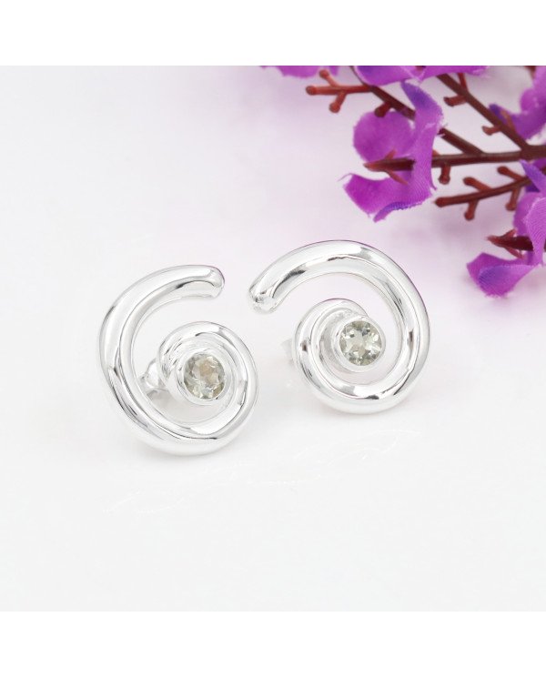 Green Amethyst Spiral Studs | 925 Sterling Silver Handcrafted 5mm Round