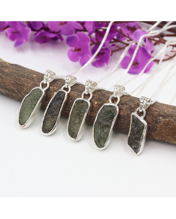 Natural Moldavite Pendant | 925 Sterling Silver Raw Gemstone Jewelry