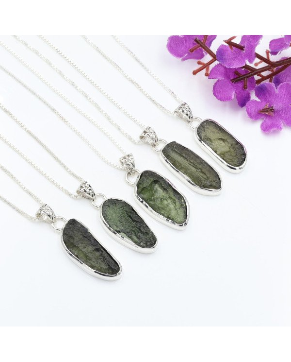 Natural Moldavite Pendant | 925 Sterling Silver Raw Gemstone Jewelry