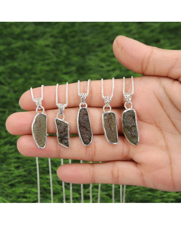 Natural Moldavite Pendant | 925 Sterling Silver Raw Gemstone Jewelry
