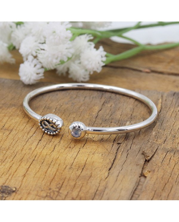 Natural Moonstone Open Bangle Bracelet | Handmade 925 Silver Jewelry