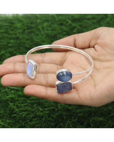 Natural Moonstone, Kyanite & Tanzanite Cuff Bracelet|925 Sterling Silver