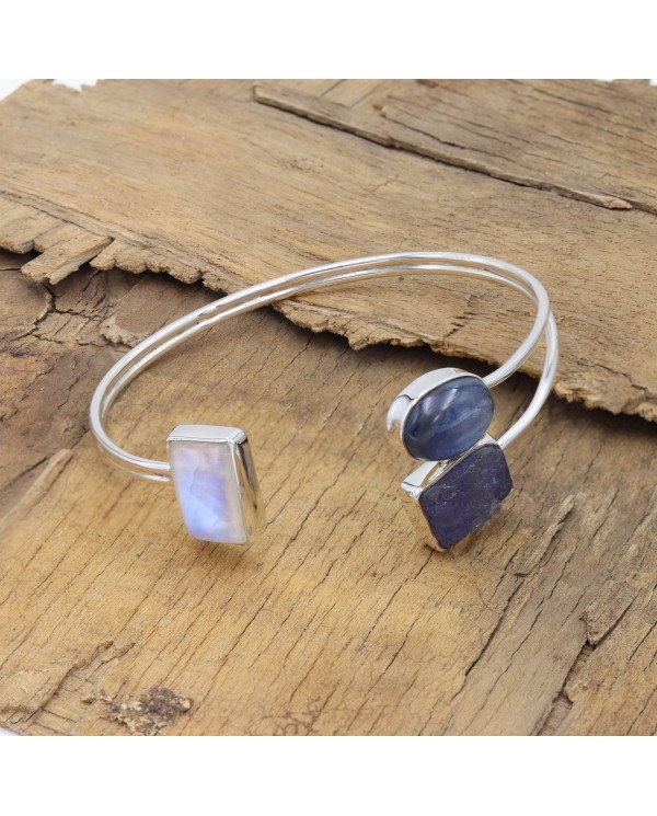 Natural Moonstone, Kyanite & Tanzanite Cuff Bracelet|925 Sterling Silver