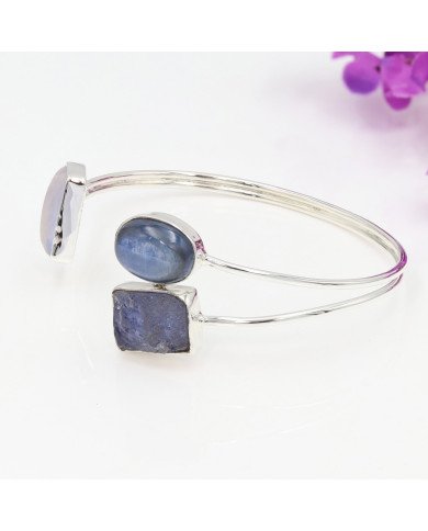 Natural Moonstone, Kyanite & Tanzanite Cuff Bracelet|925 Sterling Silver