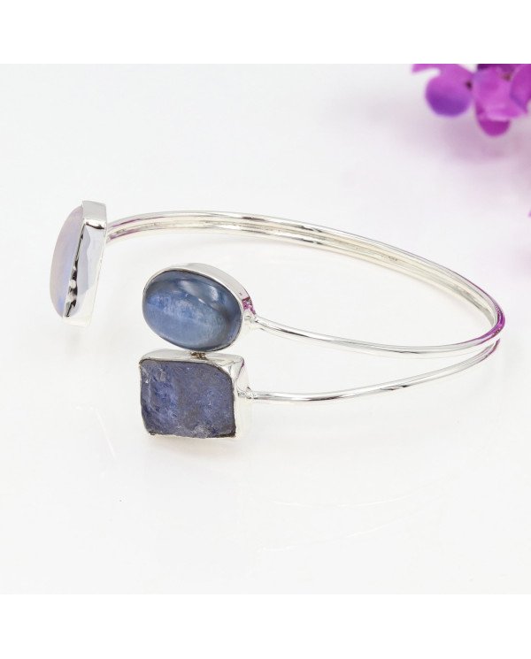Natural Moonstone, Kyanite & Tanzanite Cuff Bracelet|925 Sterling Silver