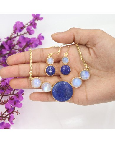 Lapis Lazuli & Moonstone Necklace Set – Gold Plated 925 Sterling Silver