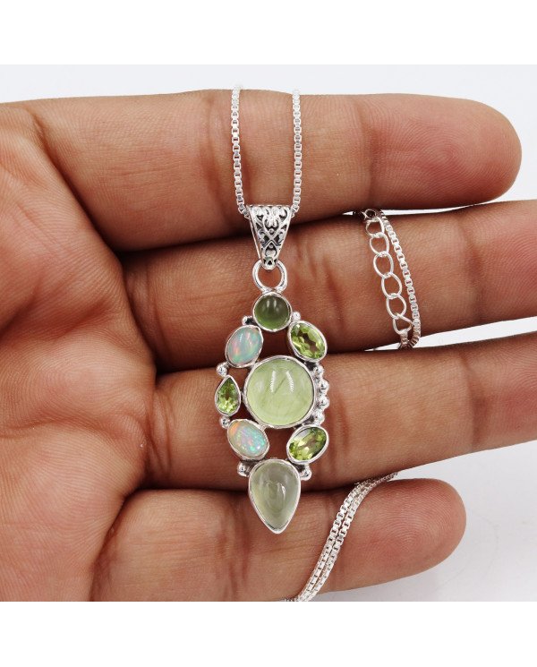Prehnite Pendant | 925 Sterling Silver Handmade Multi Gemstone Jewelry