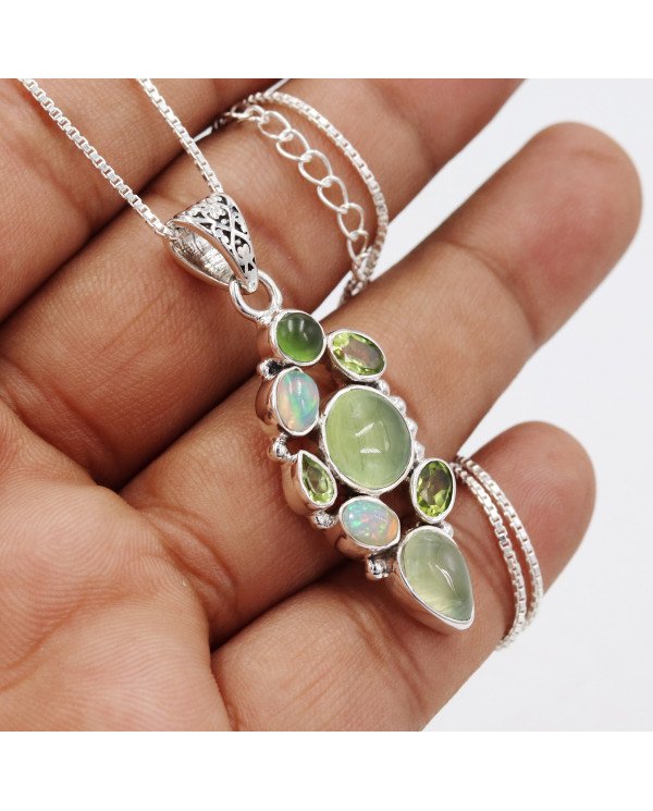 Prehnite Pendant | 925 Sterling Silver Handmade Multi Gemstone Jewelry