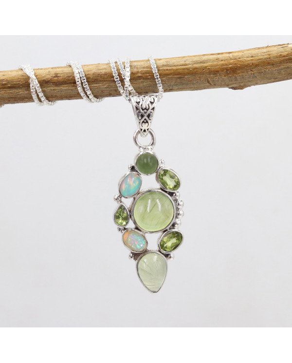 Prehnite Pendant | 925 Sterling Silver Handmade Multi Gemstone Jewelry