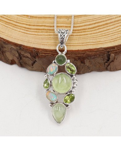 Prehnite Pendant | 925 Sterling Silver Handmade Multi Gemstone Jewelry