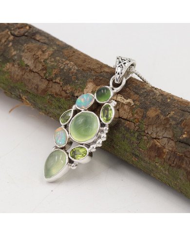 Prehnite Pendant | 925 Sterling Silver Handmade Multi Gemstone Jewelry
