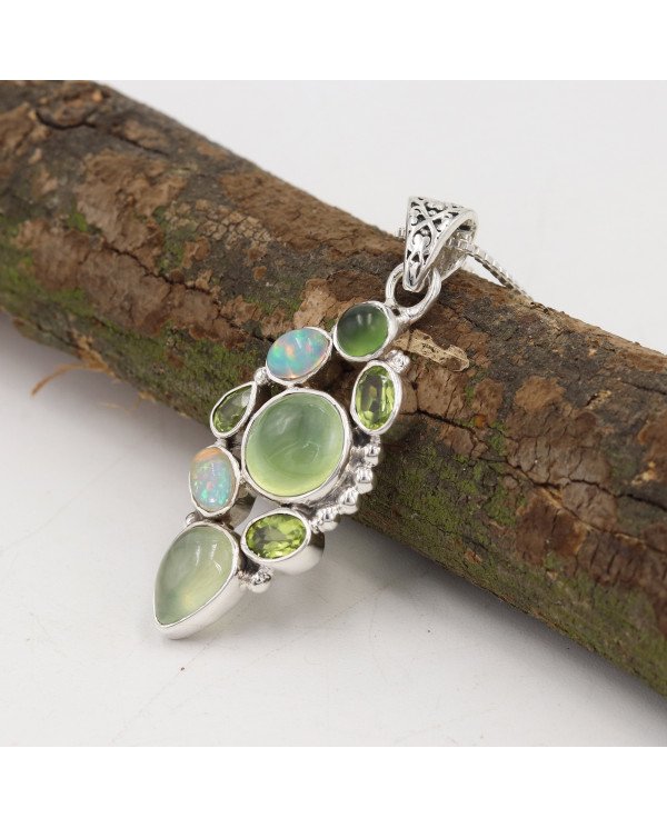 Prehnite Pendant | 925 Sterling Silver Handmade Multi Gemstone Jewelry