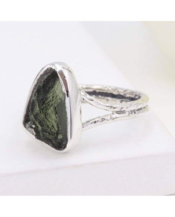 Natural Moldavite Gemstone Sterling Silver Ring