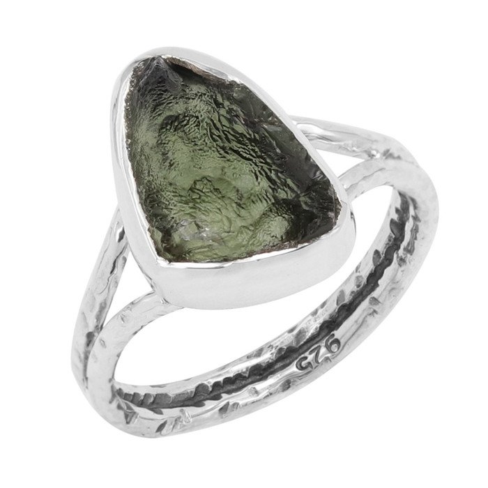 Natural Moldavite Gemstone Sterling Silver Ring