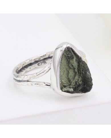 Natural Moldavite Gemstone Sterling Silver Ring