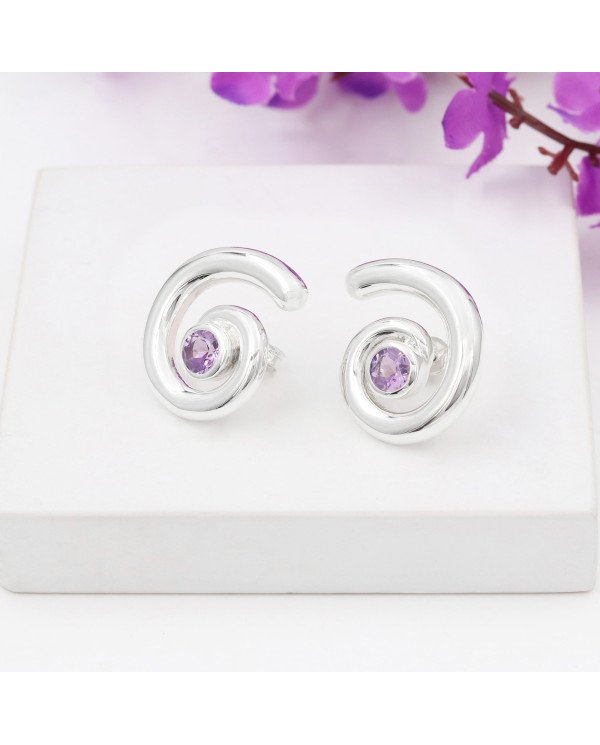 Amethyst Spiral Shape Studs | 925 Sterling Silver Handcrafted 5mm Round