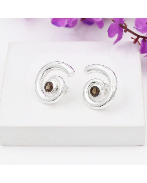 Smoky Quartz Spiral Studs | 925 Sterling Silver Handcrafted 5mm Round
