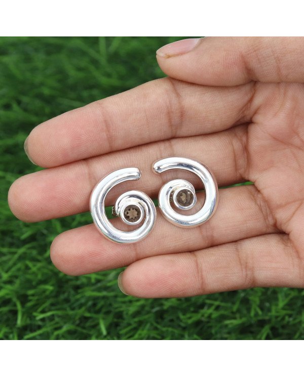 Smoky Quartz Spiral Studs | 925 Sterling Silver Handcrafted 5mm Round