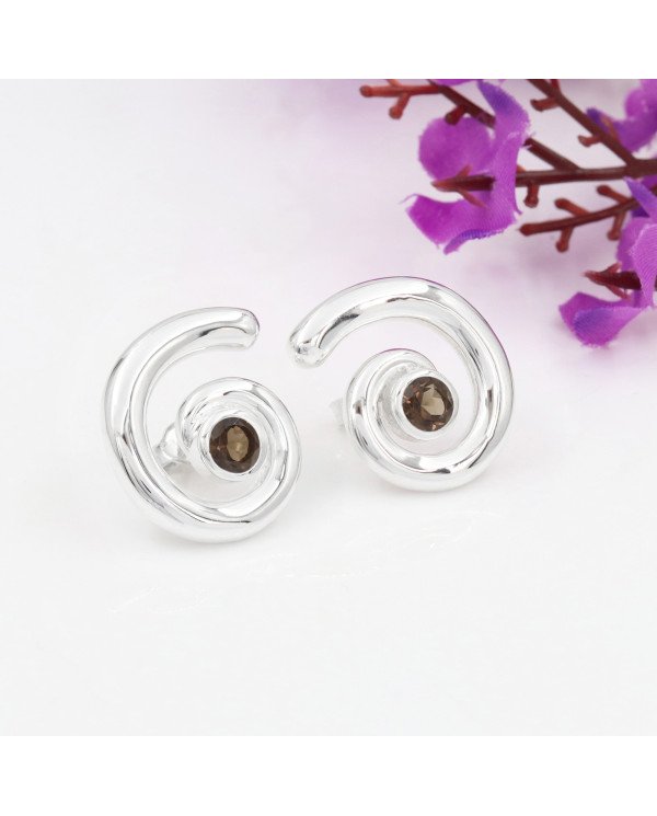 Smoky Quartz Spiral Studs | 925 Sterling Silver Handcrafted 5mm Round