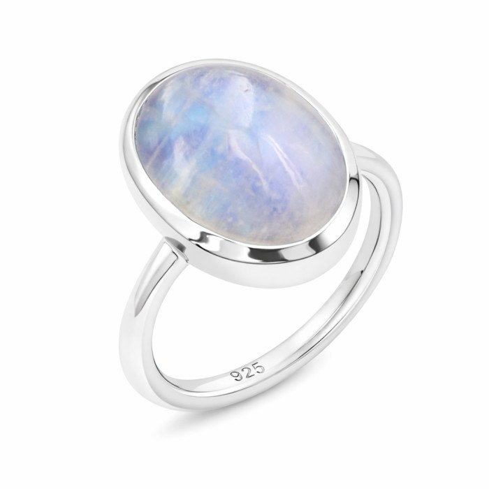 925 Sterling Silver Rainbow Moonstone Oval Shape Solitaire Ring