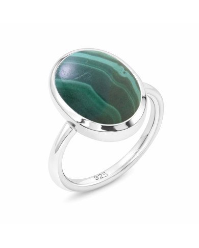 925 Sterling Silver Malachite Oval Shape Solitaire Ring