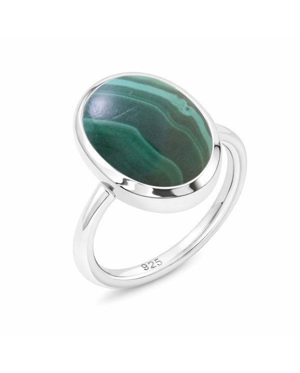 925 Sterling Silver Malachite Oval Shape Solitaire Ring