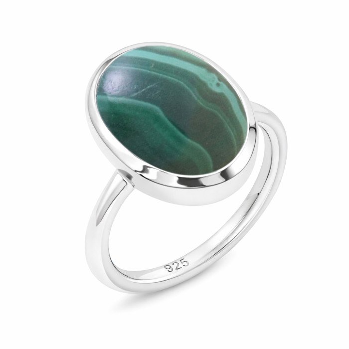 925 Sterling Silver Malachite Oval Shape Solitaire Ring