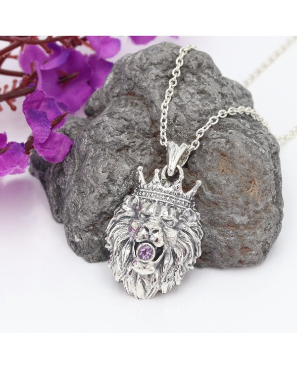 Amethyst Lion Pendant in 925 Sterling Silver – Handmade Men’s Jewelry
