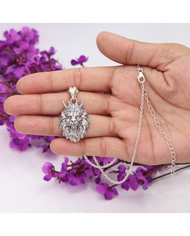 Amethyst Lion Pendant in 925 Sterling Silver – Handmade Men’s Jewelry