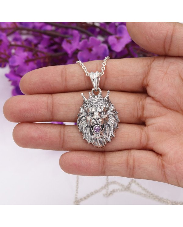 Amethyst Lion Pendant in 925 Sterling Silver – Handmade Men’s Jewelry