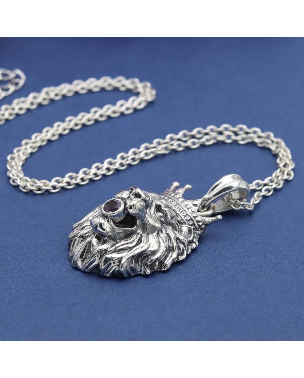 Amethyst Lion Pendant in 925 Sterling Silver – Handmade Men’s Jewelry