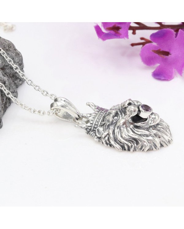 Amethyst Lion Pendant in 925 Sterling Silver – Handmade Men’s Jewelry