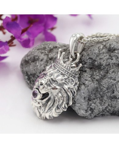 Amethyst Lion Pendant in 925 Sterling Silver – Handmade Men’s Jewelry