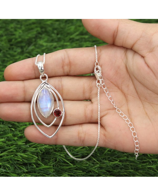 Moonstone Pendant with Garnet | 925 Sterling Silver Handmade Jewelry