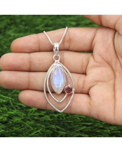 Moonstone Pendant with Garnet | 925 Sterling Silver Handmade Jewelry