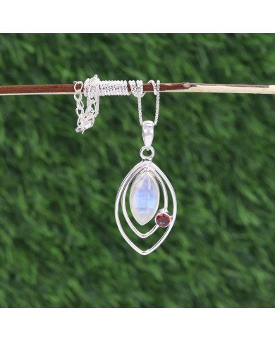 Moonstone Pendant with Garnet | 925 Sterling Silver Handmade Jewelry