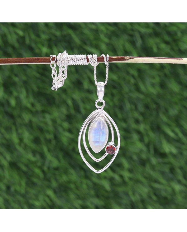 Moonstone Pendant with Garnet | 925 Sterling Silver Handmade Jewelry