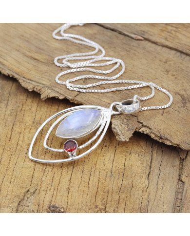 Moonstone Pendant with Garnet | 925 Sterling Silver Handmade Jewelry