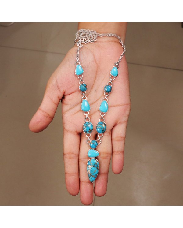 Natural Arizona Turquoise And Blue Copper Turquoise Gemstone Sterling Silver Necklaces | Jewels Artisan