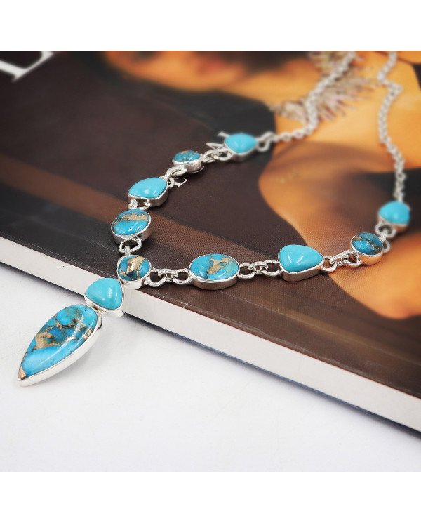 Natural Arizona Turquoise And Blue Copper Turquoise Gemstone Sterling Silver Necklaces | Jewels Artisan
