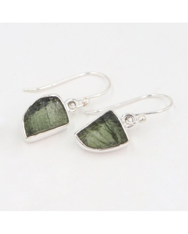 Raw Moldavite Dangling Earrings | 925 Sterling Silver Handmade Jewelry
