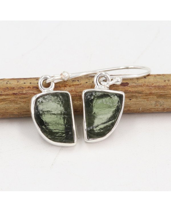 Raw Moldavite Dangling Earrings | 925 Sterling Silver Handmade Jewelry