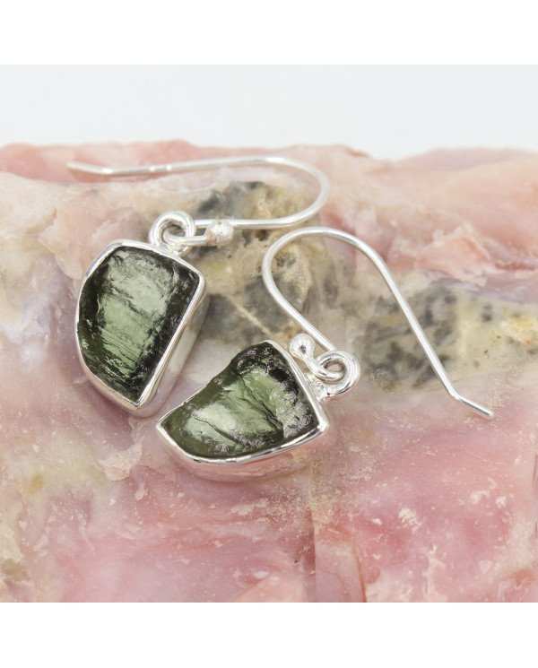 Raw Moldavite Dangling Earrings | 925 Sterling Silver Handmade Jewelry