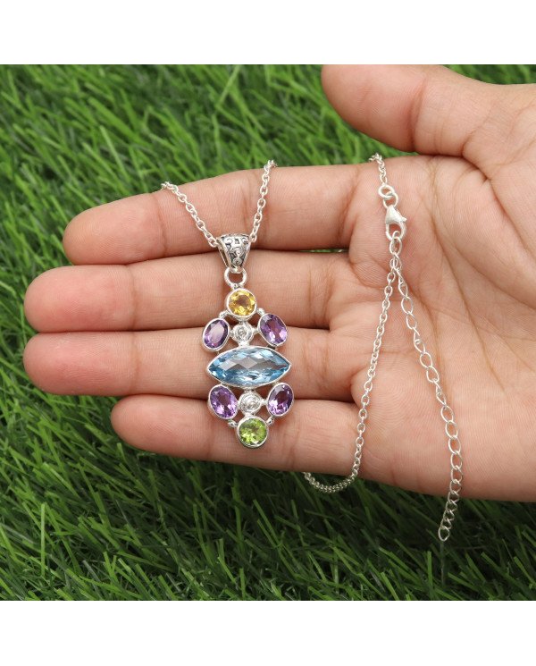 Sky Blue Topaz Peridot Amethyst Citrine Pendant 925 Sterling Silver