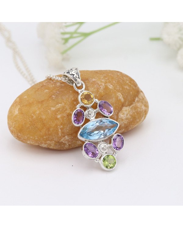 Sky Blue Topaz Peridot Amethyst Citrine Pendant 925 Sterling Silver